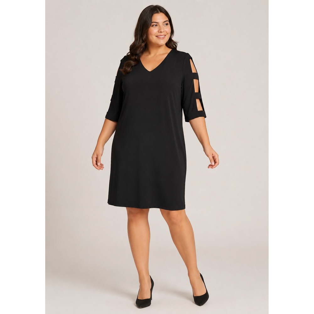 Clara Sunwoo Dress Women XL Black Jersey Knit Ladder Cut Out Sleeve Shift Travel